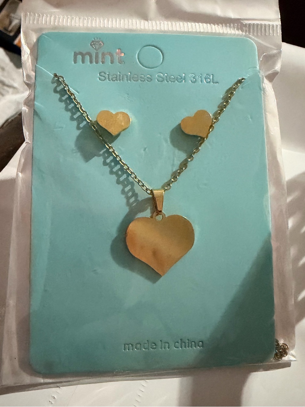 Mint Gold Heart Necklace and Stud Set